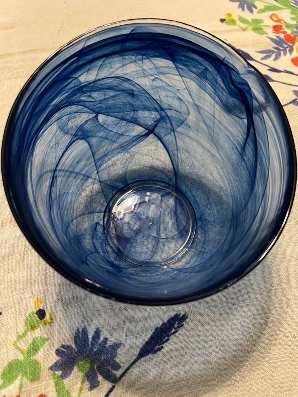 Vintage Handblown Blue Swirl Glass Bowl -